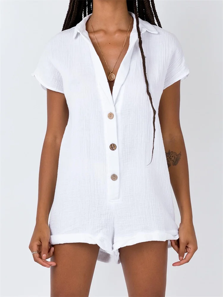 Button Up V Neck Loose Fit Jumpsuit