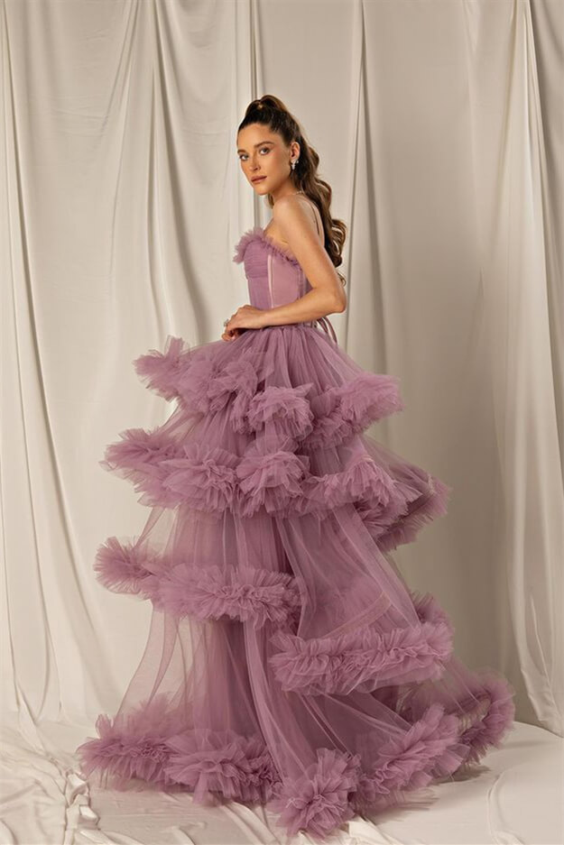 Dresseswow Spaghetti-Straps Wisteria Prom Dress Tulle Layered Lace-up Back
