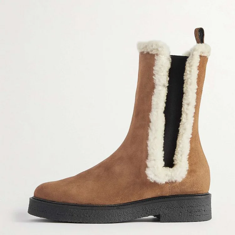 Brown Vegan Suede Shearling-trimmed Chelsea Boots for Women |FSJ Shoes