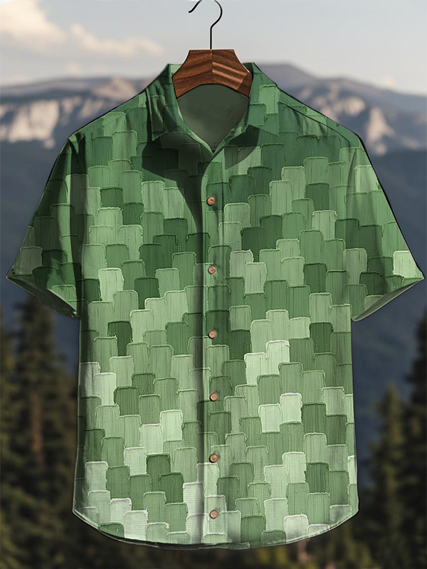 Men's Green Color Block Art Print Short Sleeve Shirt