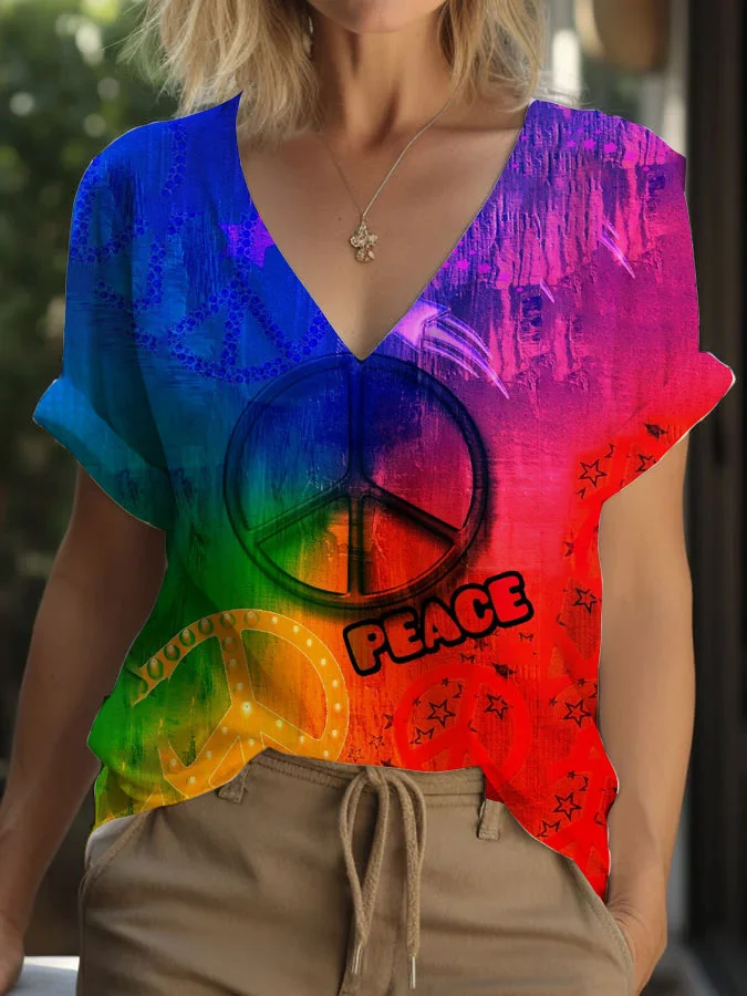 Women's V-Neck Colorful Peace Sign Print Top socialshop