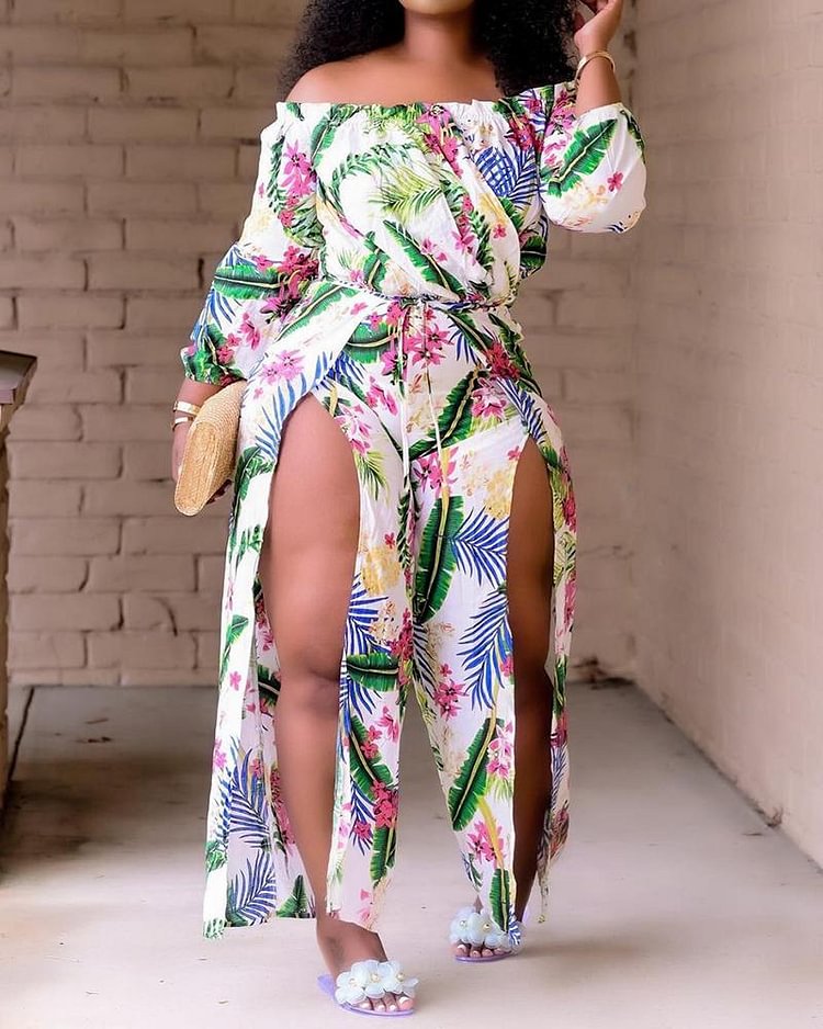 Floral Print Thigh Split Off Shoulder Tie Front Casual Jumpsuit - Shop Trendy Women's Clothing | LoverChic