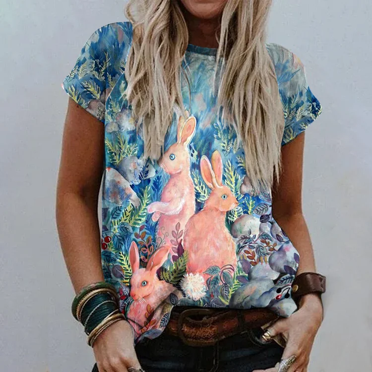 Casual Short Sleeve Rabbit Print Crew Neck T-shirt