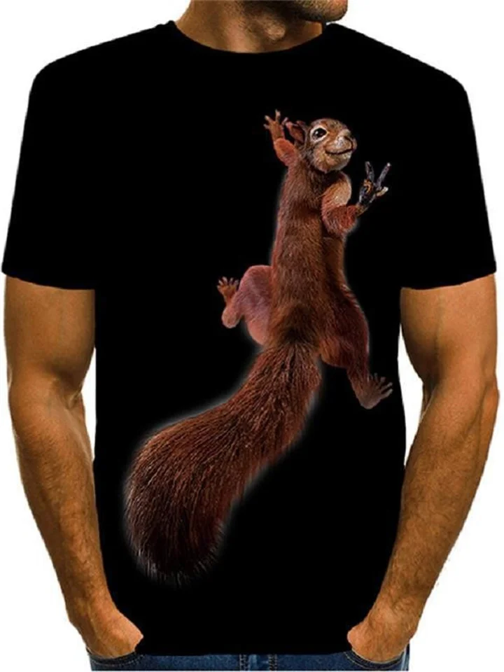 Summer Short-sleeved T-shirt Men 3D Digital Printing Cute Squirrel Men Round Neck Loose T-shirt