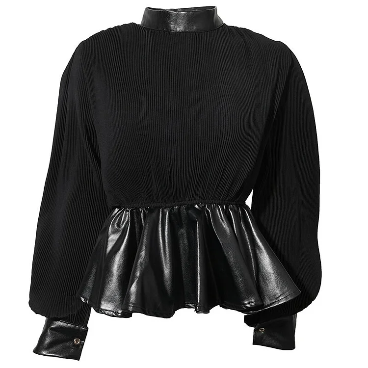 Elegant Loose Stand Collar Solid Color Patchwork PU Leather Ruffles Long Sleeve Sweatshirt