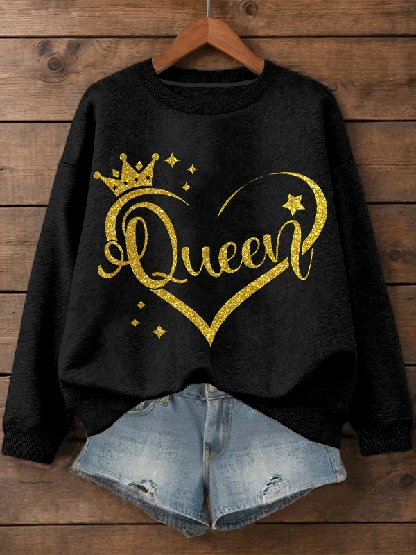 Women's Queen Slogan Print Cotton Long Sleeve T-Shirt Thin Sweatshirt