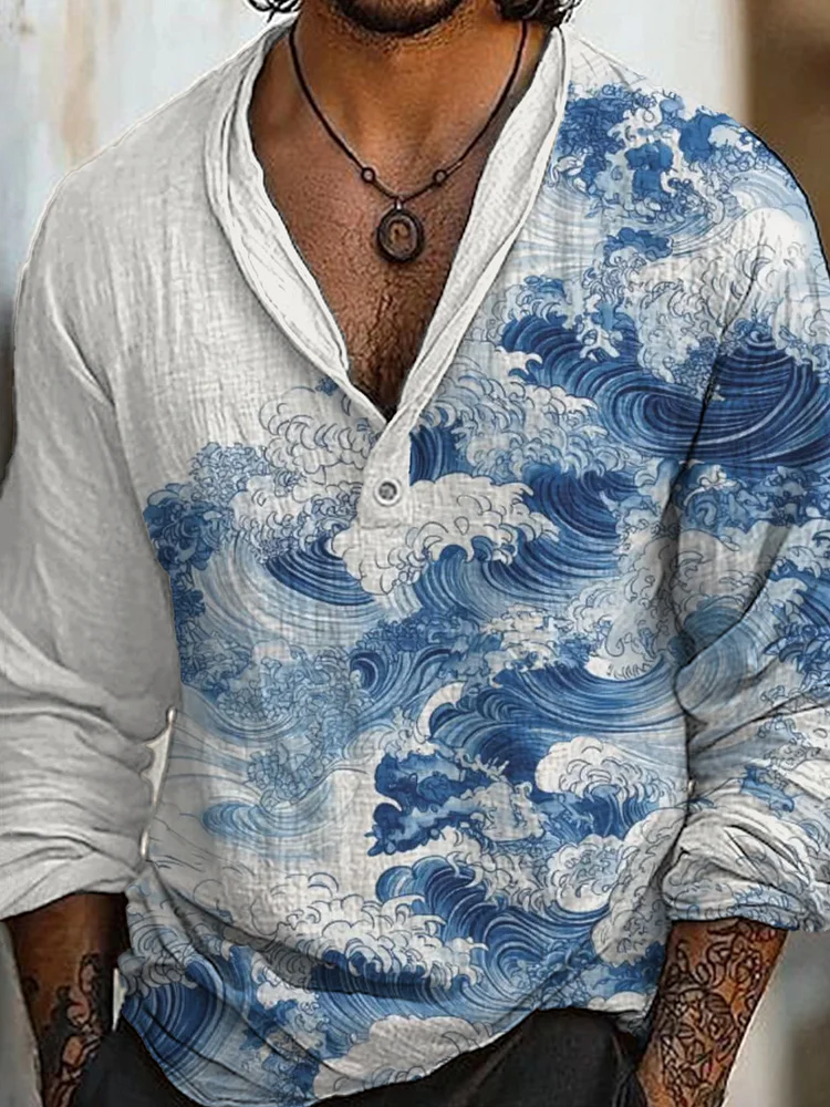 Men's Waves Watercolor Art Print Long Sleeve Shirt
