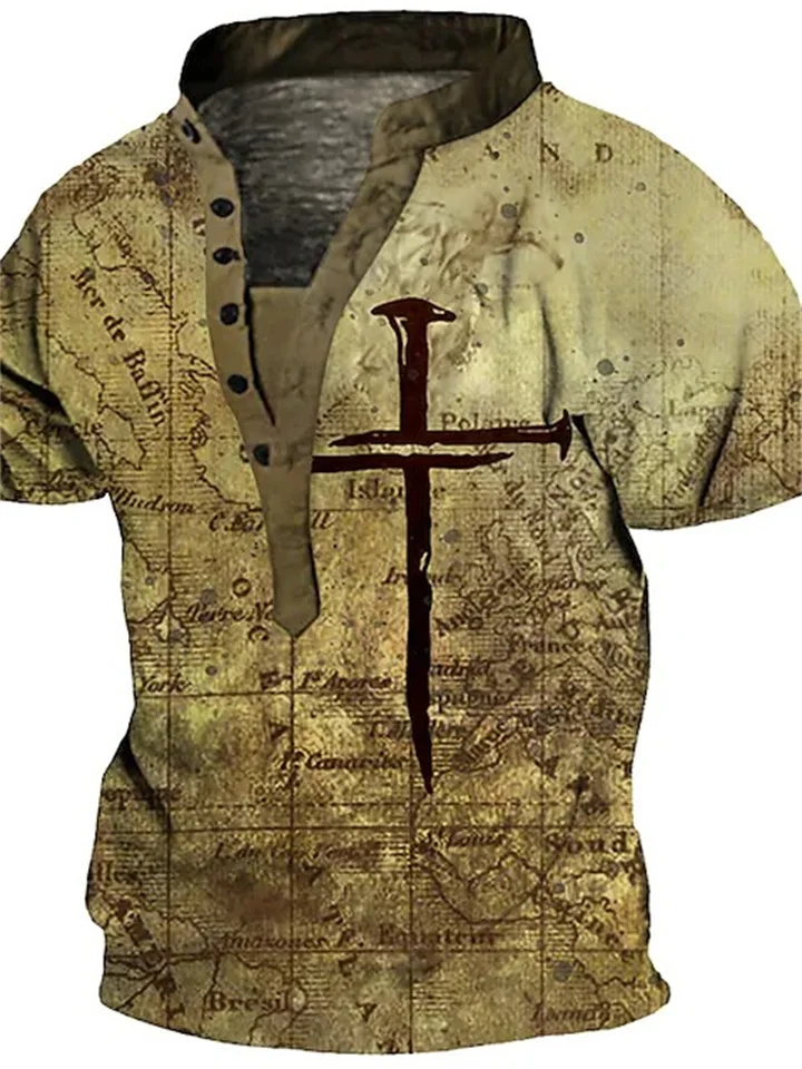 Men's Henley Shirt T Shirt Tee Tee Graphic Map Henley Yellow Light Green Black / Brown Brown 3D Print Plus Size Outdoor Daily Short Sleeve Button-Down Print Clothing Apparel Designer Basic Casual-JRSEE