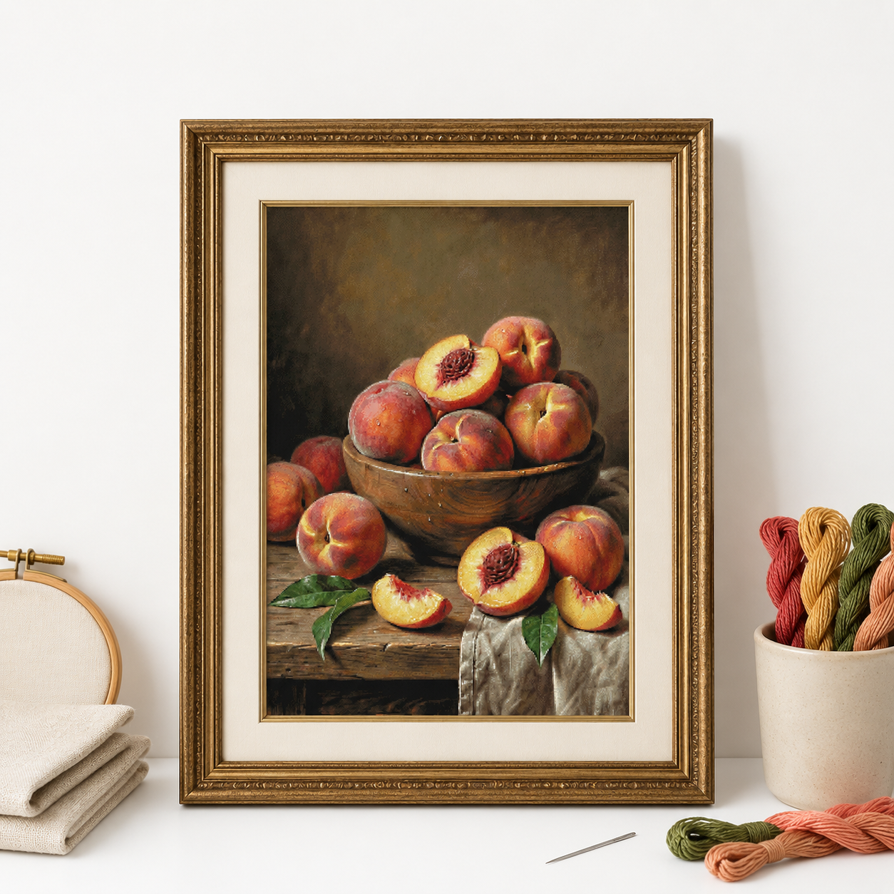 5681）作山畯治 リトグラフ？ (Manhattan Peachs) ZZ8403-Peaches on the Table]_ 83.07_ Painting Fairy Cross
