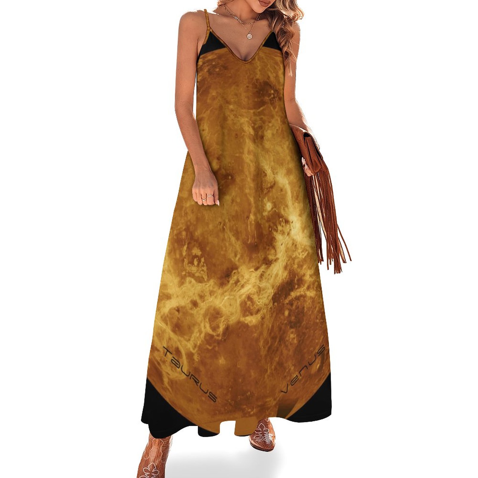 Zodiac Taurus Celestial Planet Venus Typography Women's Casual Strappy V Neck Sleeveless Flowy Loose Long Maxi Beach Dress Sundress Zodiac-4XL