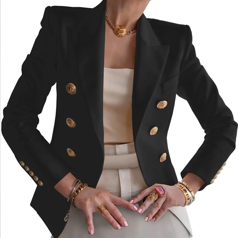 2021 Winter Women Blazer Double Breasted Blazer Coat Fashion Slim long Sleeve Elegant Suit Jacket Office Women Blazer
