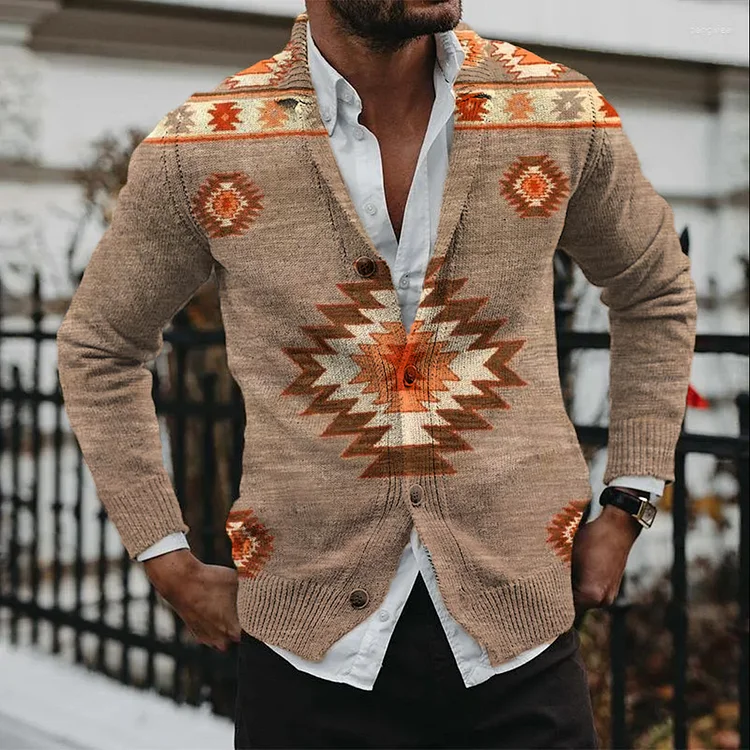 Men's Casual Khaki Printed Knitted Button Cardigan