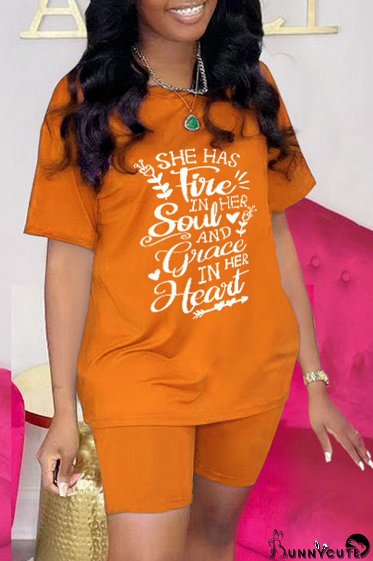 Tangerine Red Casual Print Patchwork O Neck Short Sleeve Two Pieces