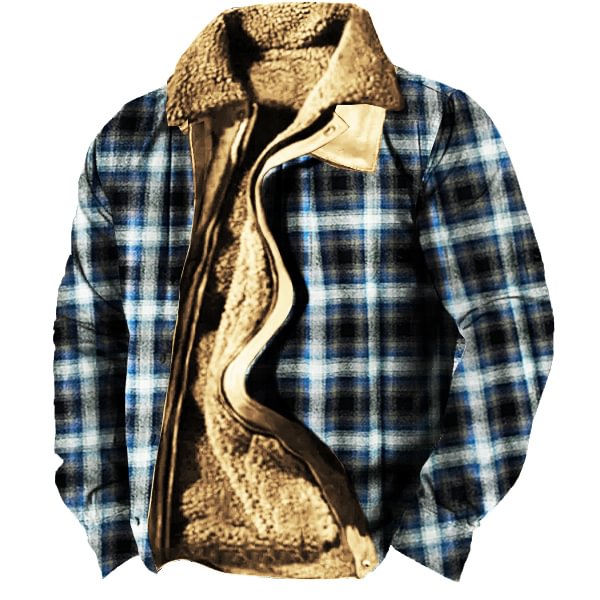 Men's Winter Warm Plaid Wool Collar Jacket
