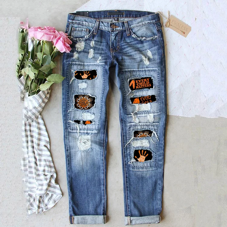 Fashion retro ripped print jeans