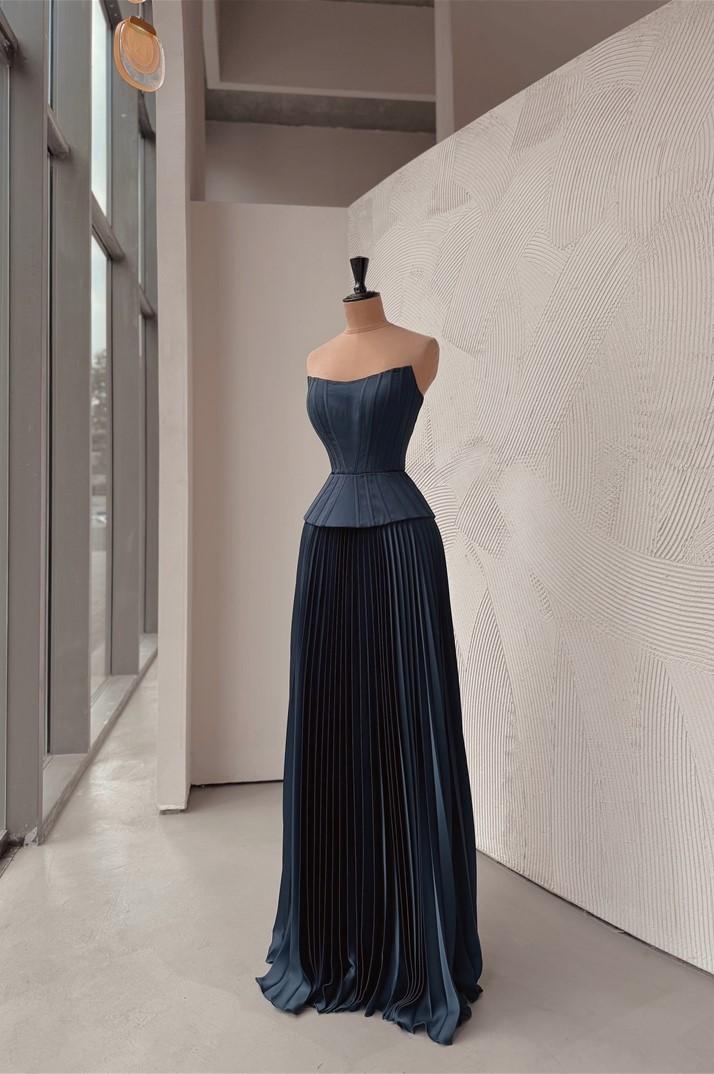 Lussooy Strapless Chic Dark Navy Satin Sleeveless A Line Long Prom Dress with Ruffles