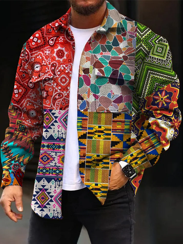 Fashion Color Splicing Print Men's Woolen Sport Jacket
