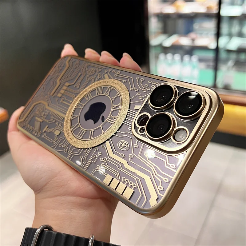 Electroplated Cyberpunk Mechanical Magsafe Magnetic Wireless Charging Transparent Phone Case For IPhone 14/14 Pro/14 Pro Max/14 Plus/13/13 Pro/13 Pro Max