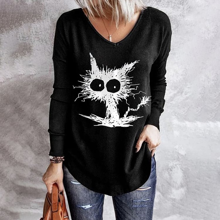 Vefave Simple V Neck Cat Print Long Sleeve T-Shirt