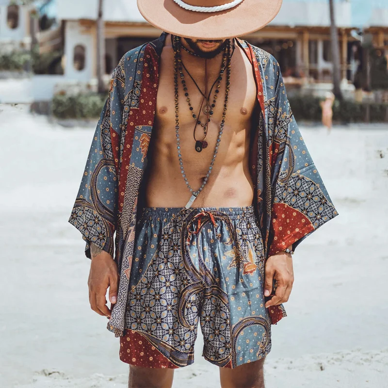 Holiday Casual Printed Cardigan Shorts Two-Piece Suit
