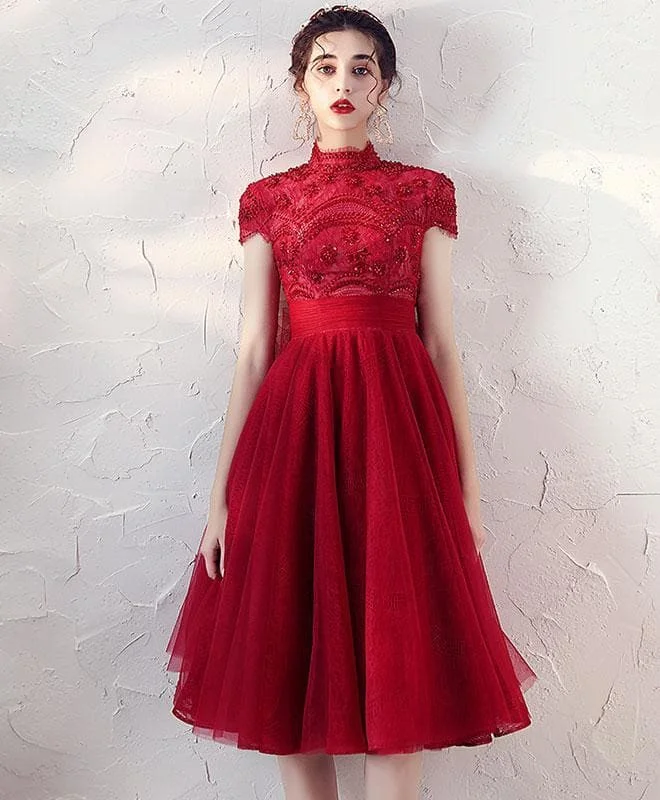 Burgundy Tulle Beads Short Prom Dress Burgundy Homecoming Dress