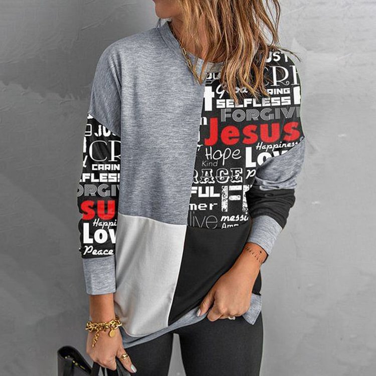 VChics Jesus Letters Printed Long Sleeve Round Neck Casual Sweatshirt