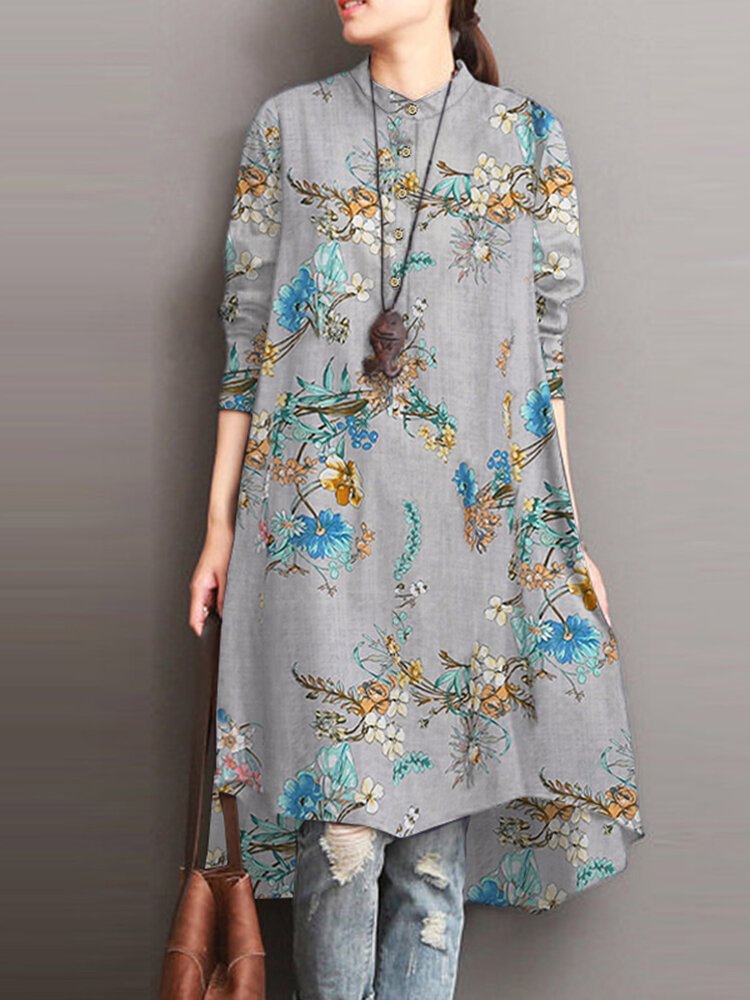 Plants High-low Button Long Sleeve Stand Collar Vintage Dress
