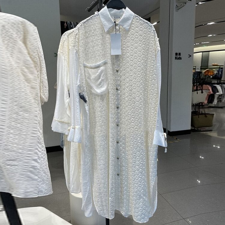 New Spring Summer Women Sexy Hollow Shirt Party Midi Dress Chic Embroidery Splic Long Sleeve Loose Beach Dersses Ladies Vestido - BlackFridayBuys