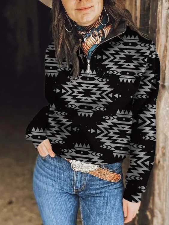 Women's Vintage  Ethnic Aztec Print Zip Long Sleeve Sweatshirt