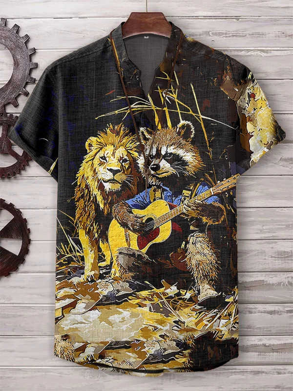 Men's Oil Painting Lion Raccoon Plays Guitar Art Print Casual V Neck T-Shirt