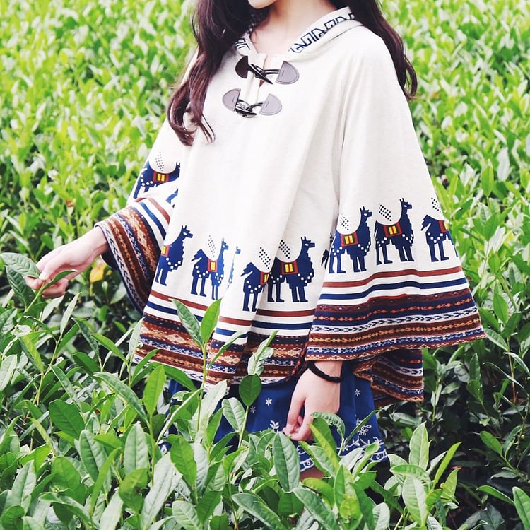 Beige/Navy Mori Girl Little Horses Hoodie Cape Coat SP154319