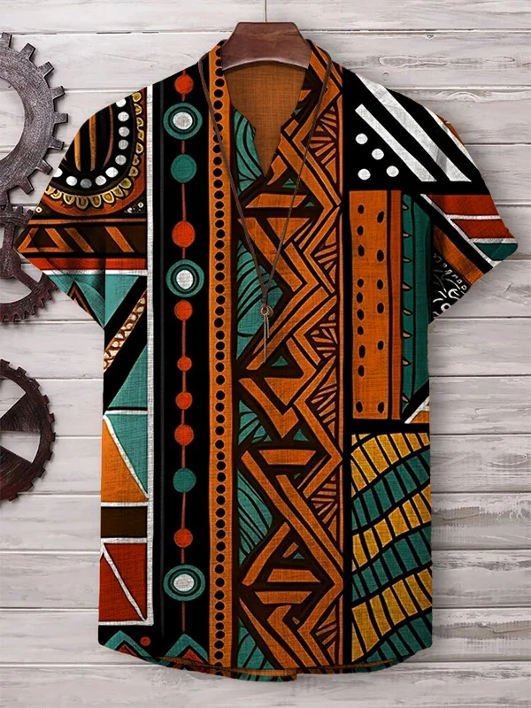 Men's African Culture Traditional Patterns Art Print Cotton And Linen V Neck T-Shirt