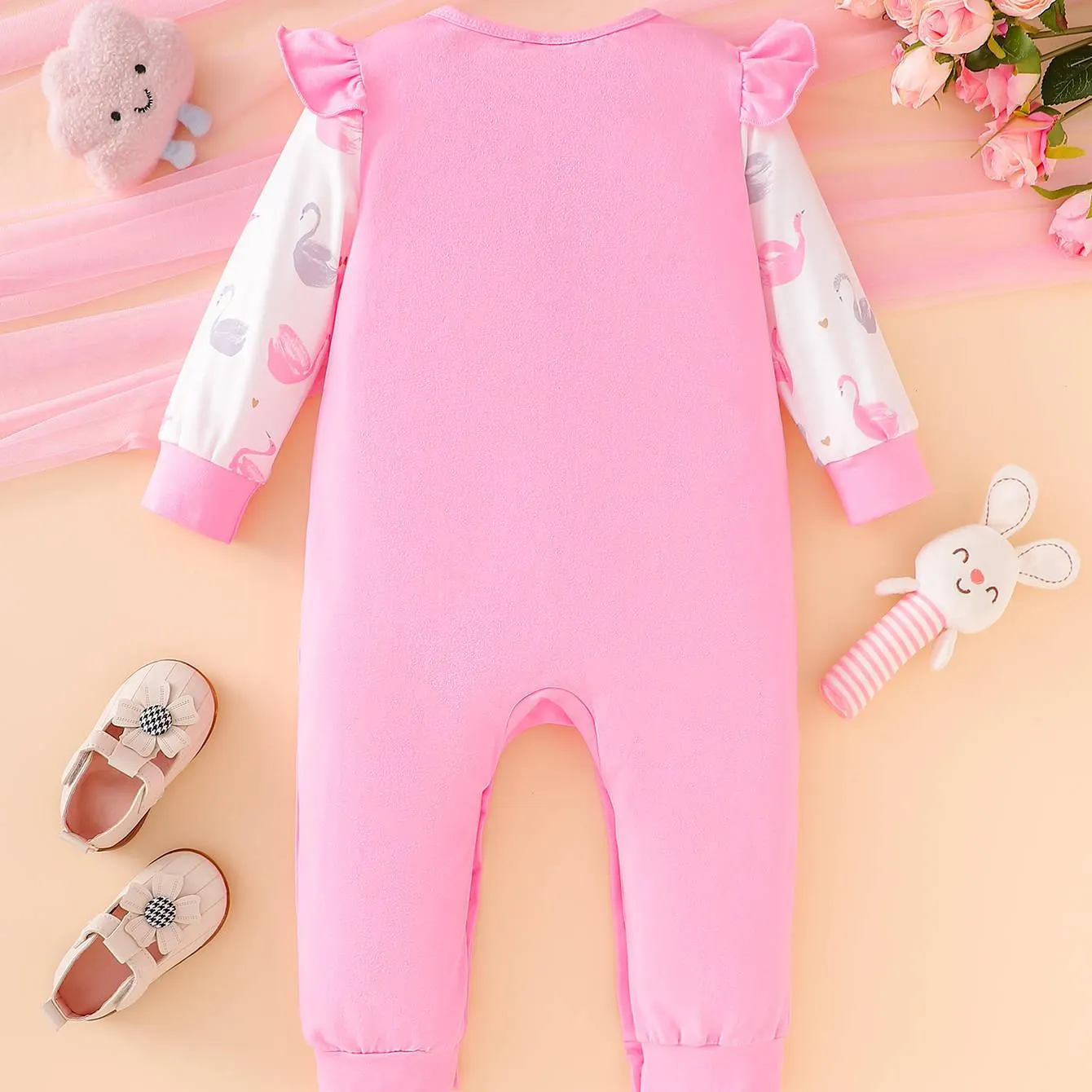 【0M-18M】Girls' Cap Flutter Sleeve Long Sleeve Colorblock Cartoon Swan Romper