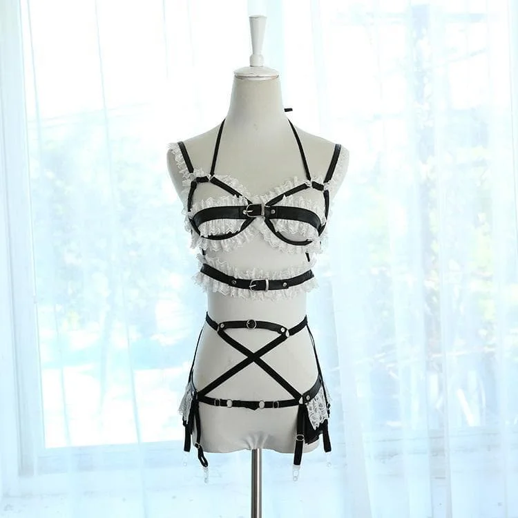 Black Leather Straps Lace Lingerie SP1812039