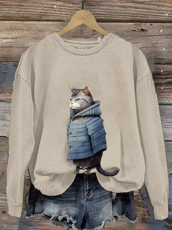 Women's Casual Cute Standing Cat Graphic Print Sweatshirt