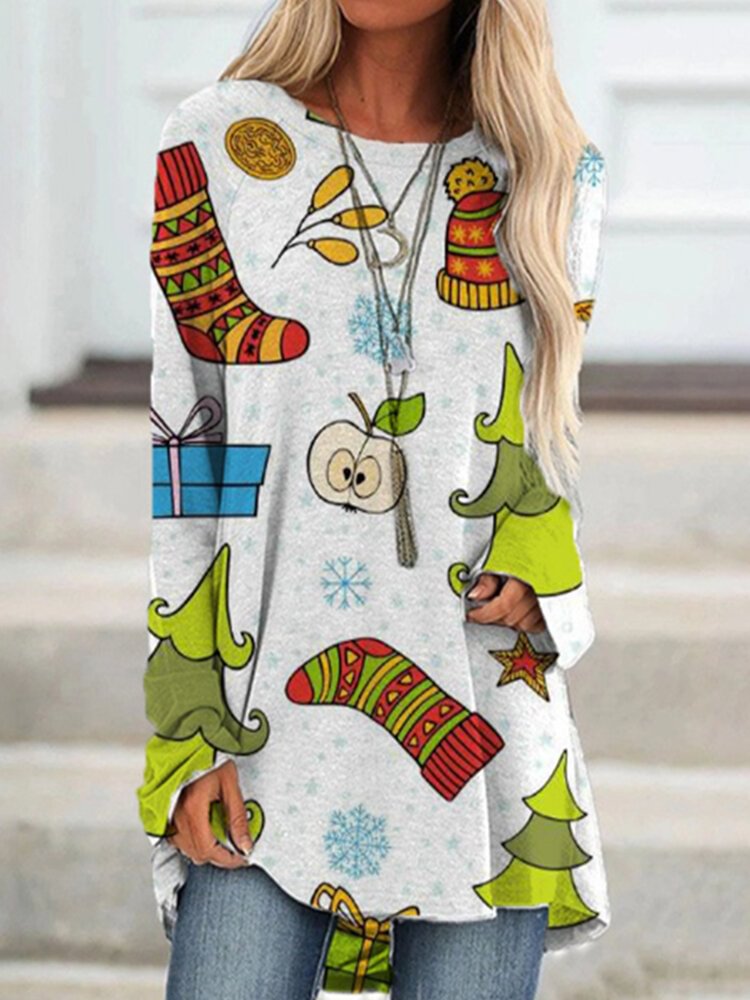Cartoon Christmas Prints Long Sleeves O neck Casual T shirt For Women P1763355