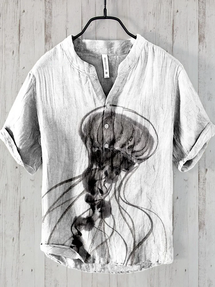 Comstylish Jellyfish Ink Painting Art Linen Blend Cozy Shirt