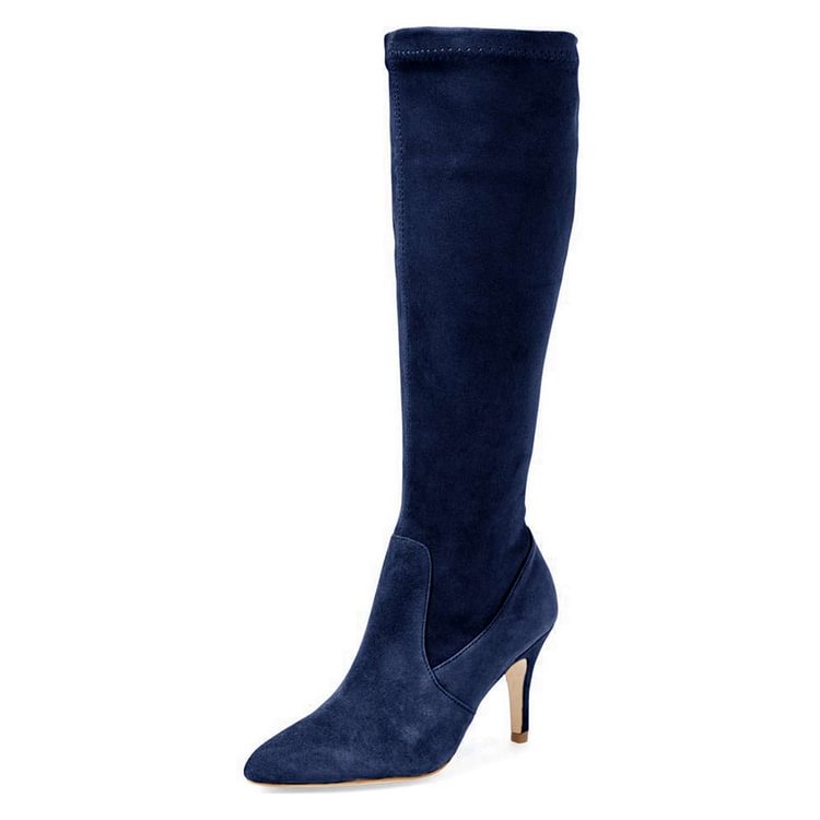 Navy Suede Knee-high Stiletto Boots for Women |FSJ Shoes