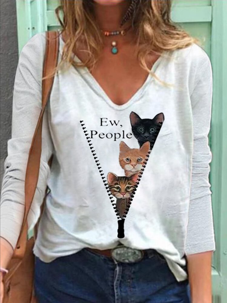 Cartoon Cat Printed Long Sleeve V neck T shirt For Women P1747276