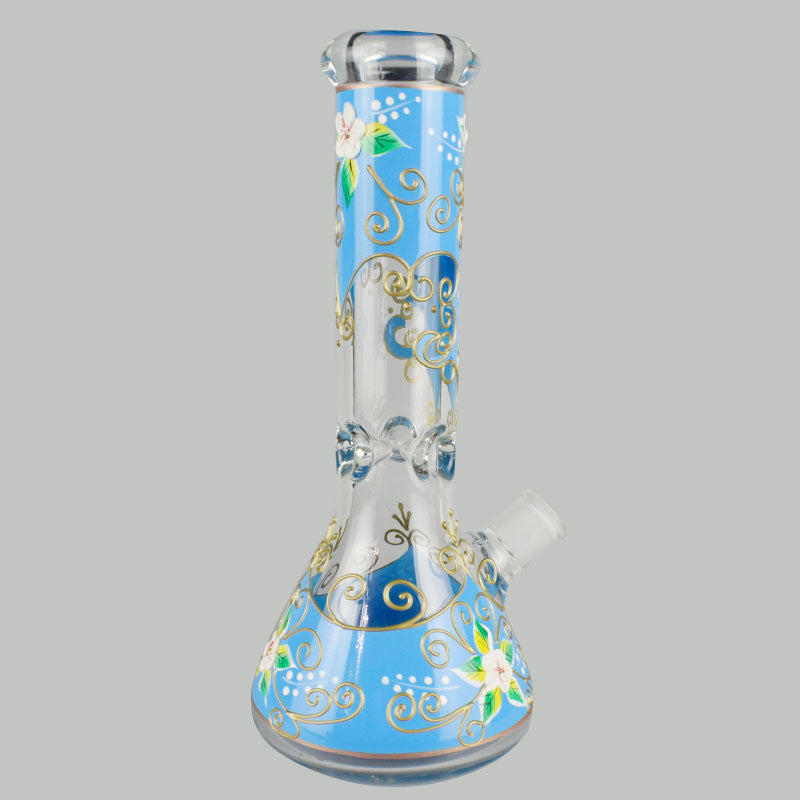 12" Blue & Gold Floral Beaker Bong Thick Glass Water Pipe