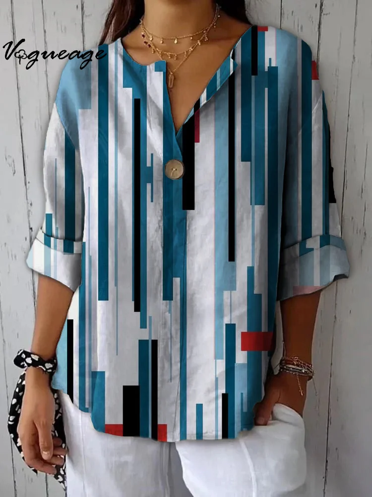 Simple Blue Lines Vertical Stitching Printed Cotton And Linen Shirt