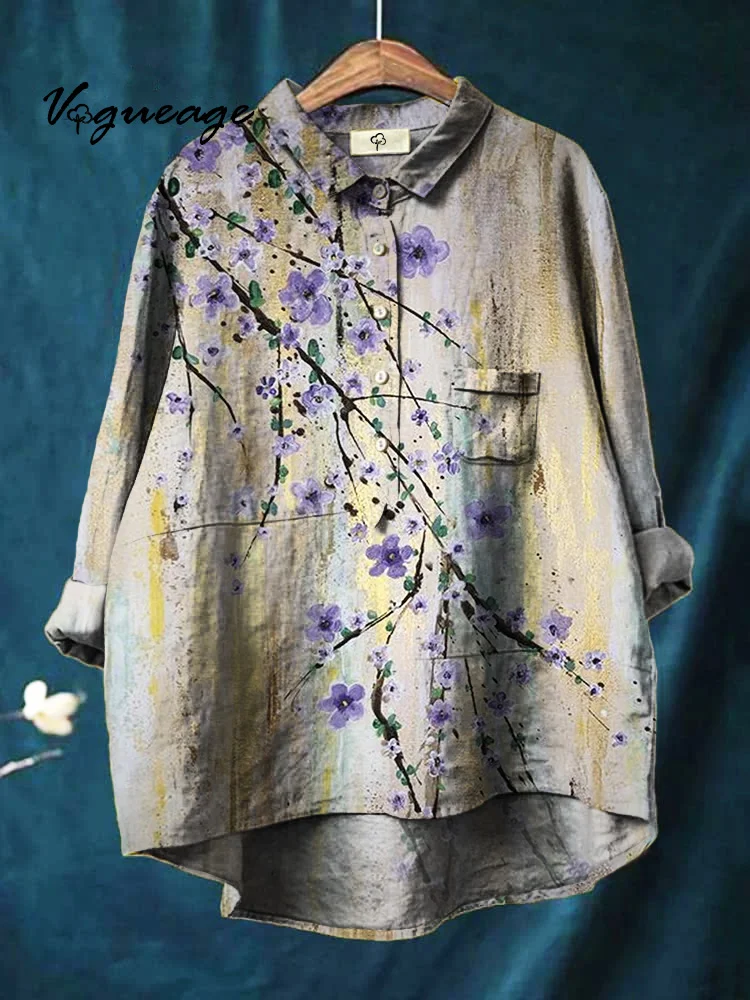 Simple Elegant And Noble Flowers Printed Cotton And Linen Shirt