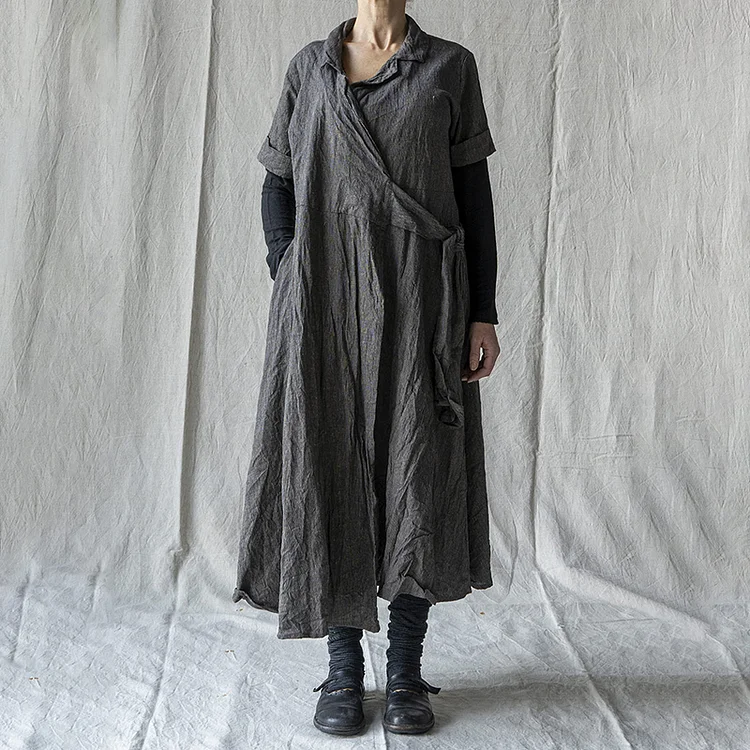 Solid Color Loose Casual Short Sleeve Shirt Midi Dress