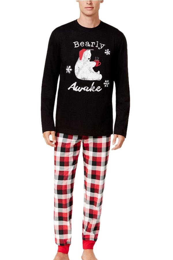 Mens Plaid Bear Snowflake Printed Family Christmas Pajama Set Black - Shop Trendy Women's Clothing | LoverChic