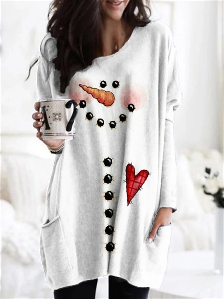 Comstylish Carrot Heart Snowman Print Long Sleeve Tunic