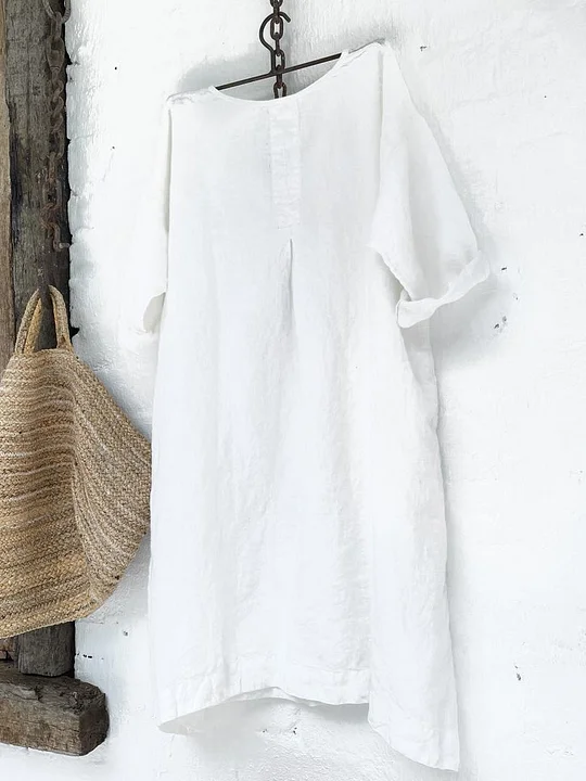 Casual V Neck Half Sleeve Linen Dress