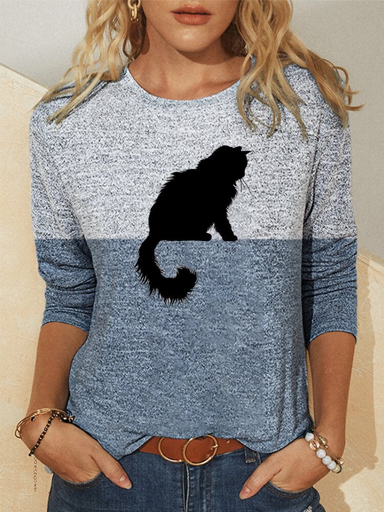 Cat Print Contrast Color Long Sleeve Casual T shirt For Women P1786360