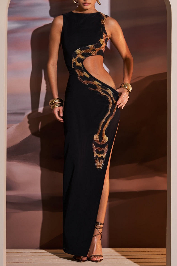 Snake Pattern Cutout Slit Side Slim Fit Maxi Tank Dresses-Black [Pre Order]