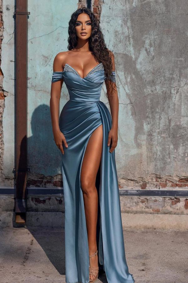 Dresseswow Off-the-Shoulder Dusty Blue Mermaid Prom Dress With Slit