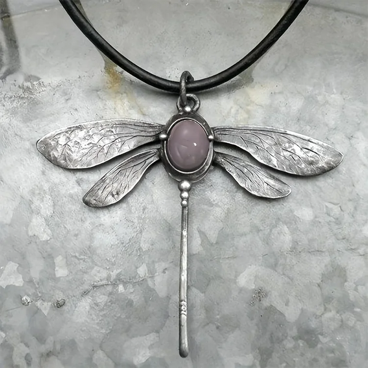 Vintage Silvery Dragonfly Shape Inlaid Gemstone Fashion Pendant Necklace, Boho Women's Simple Fashion Necklace